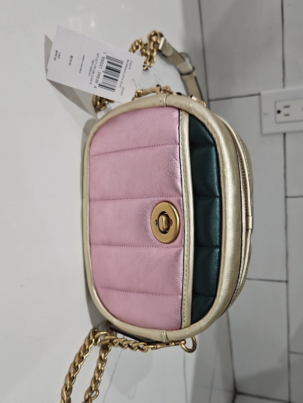 Coach Quilted Mini Crossbody Bag in Pink, Green and Gold